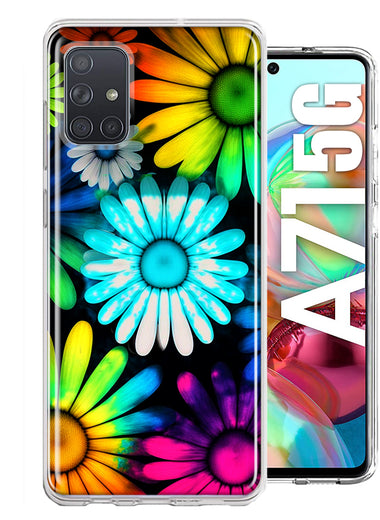 Samsung Galaxy A71 4G Neon Rainbow Daisy Glow Colorful Daisies Baby Blue Pink Yellow White Double Layer Phone Case Cover