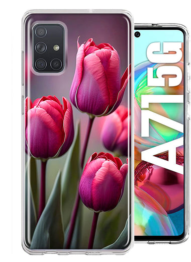 Samsung Galaxy A71 4G Pink Tulip Flowers Floral Hybrid Protective Phone Case Cover