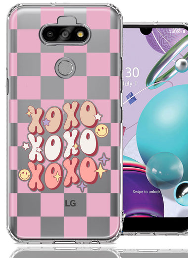 LG Aristo 5/Phoenix 5/Risio 4 Retro Pink Checkered XOXO Vintage 70s Style Hippie Valentine Love Double Layer Phone Case Cover