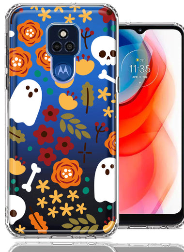 Motorola Moto G Play 2021 Spooky Season Fall Autumn Flowers Ghosts Skulls Halloween Double Layer Phone Case Cover