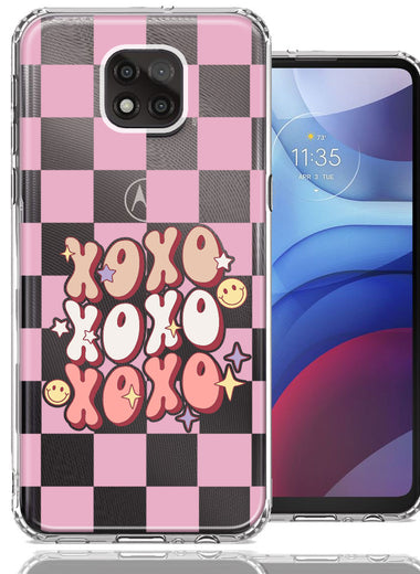 Motorola Moto G Power 2021 Retro Pink Checkered XOXO Vintage 70s Style Hippie Valentine Love Double Layer Phone Case Cover