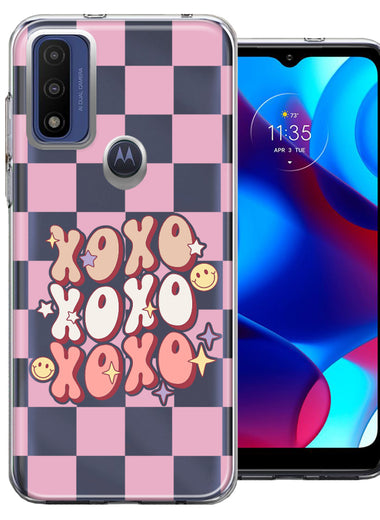 Motorola Moto G Pure Retro Pink Checkered XOXO Vintage 70s Style Hippie Valentine Love Double Layer Phone Case Cover