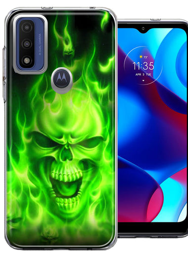 Motorola Moto G Pure G Power 2022 Green Flaming Skull Double Layer Phone Case Cover