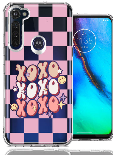 Motorola Moto G Stylus Retro Pink Checkered XOXO Vintage 70s Style Hippie Valentine Love Double Layer Phone Case Cover
