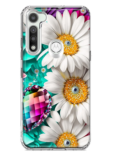 Motorola Moto G Fast Colorful Crystal White Daisies Rainbow Gems Teal Double Layer Phone Case Cover