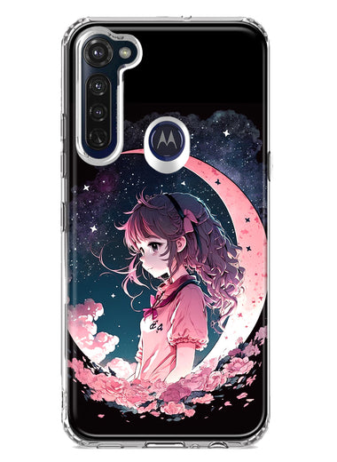 Motorola Moto G Stylus Kawaii Manga Pink Cherry Blossom Dreaming Moon Girl Hybrid Protective Phone Case Cover