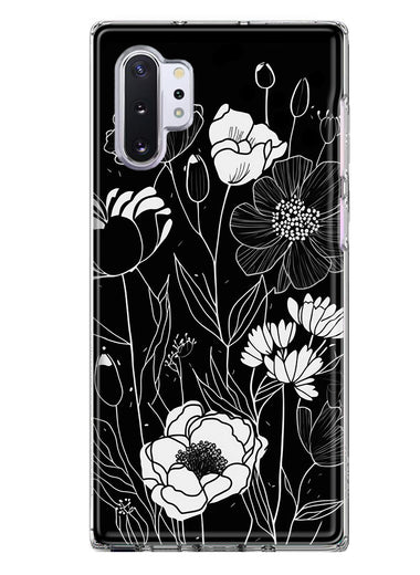Samsung Galaxy Note 10 Plus Line Drawing Art White Floral Flowers Hybrid Protective Phone Case Cover