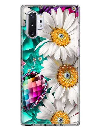 Samsung Galaxy Note 10 Colorful Crystal White Daisies Rainbow Gems Teal Double Layer Phone Case Cover
