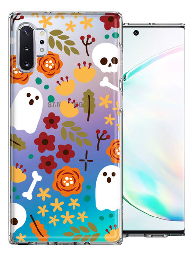 Samsung Galaxy Note 10 Plus Spooky Season Fall Autumn Flowers Ghosts Skulls Halloween Double Layer Phone Case Cover