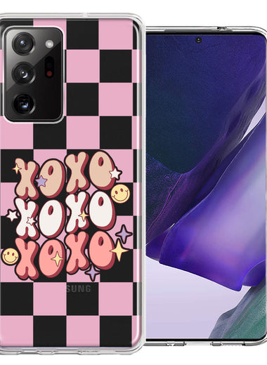 Samsung Galaxy Note 20 Ultra Retro Pink Checkered XOXO Vintage 70s Style Hippie Valentine Love Double Layer Phone Case Cover