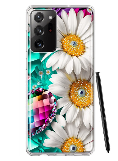 Samsung Galaxy Note 20 Ultra Colorful Crystal White Daisies Rainbow Gems Teal Double Layer Phone Case Cover