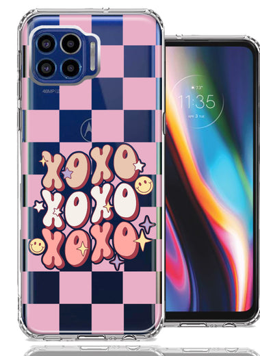 Motorola One 5G Retro Pink Checkered XOXO Vintage 70s Style Hippie Valentine Love Double Layer Phone Case Cover