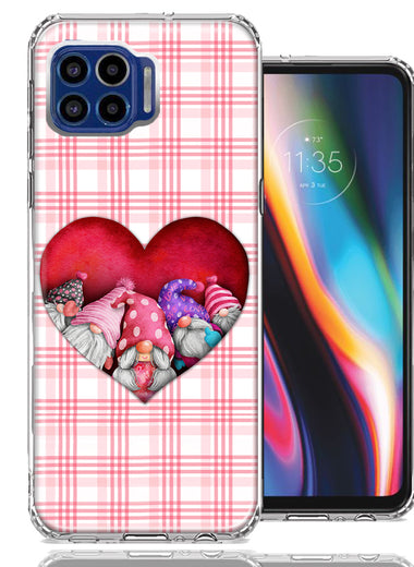Motorola One 5G Valentine's Day Garden Gnomes Heart Love Pink Plaid Double Layer Phone Case Cover