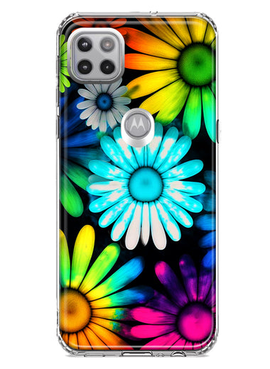 Motorola One 5G Neon Rainbow Daisy Glow Colorful Daisies Baby Blue Pink Yellow White Double Layer Phone Case Cover