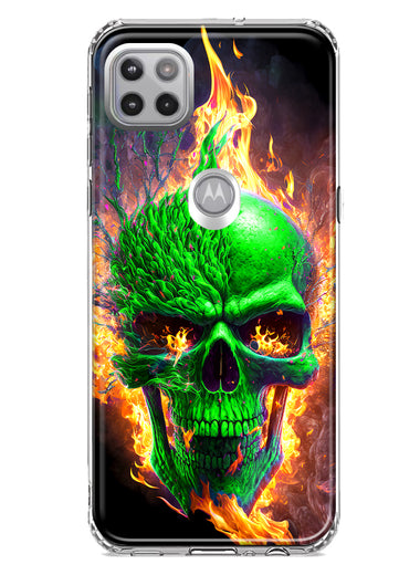 Motorola One 5G Green Flaming Skull Burning Fire Double Layer Phone Case Cover