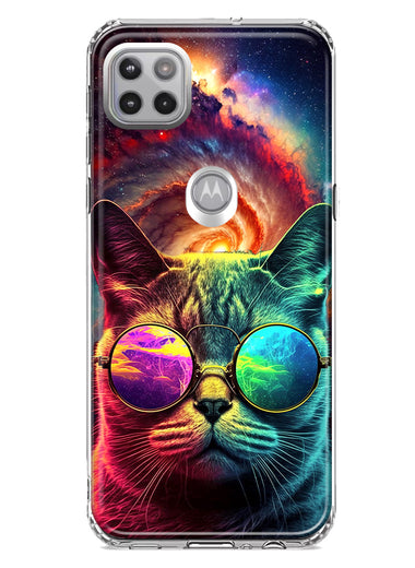 Motorola One 5G Neon Rainbow Galaxy Cat Hybrid Protective Phone Case Cover