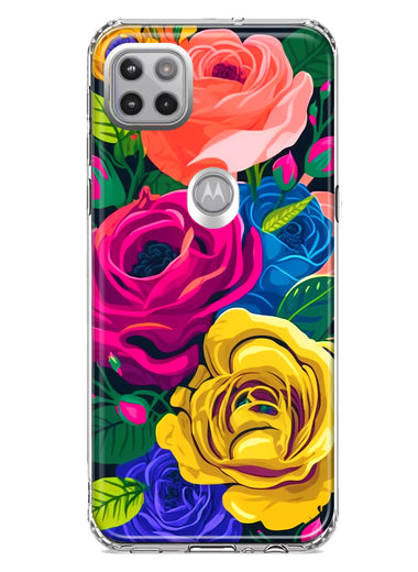 Motorola One 5G Vintage Pastel Abstract Colorful Pink Yellow Blue Roses Double Layer Phone Case Cover