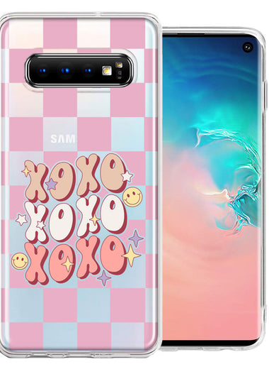 Samsung Galaxy S10 Retro Pink Checkered XOXO Vintage 70s Style Hippie Valentine Love Double Layer Phone Case Cover