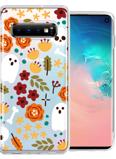 Samsung Galaxy S10 Spooky Season Fall Autumn Flowers Ghosts Skulls Halloween Double Layer Phone Case Cover
