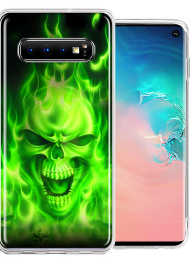 Samsung Galaxy S10 Green Flaming Skull Double Layer Phone Case Cover