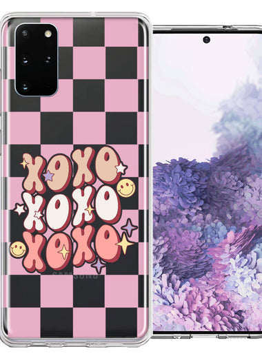 Samsung Galaxy S20 Plus Retro Pink Checkered XOXO Vintage 70s Style Hippie Valentine Love Double Layer Phone Case Cover