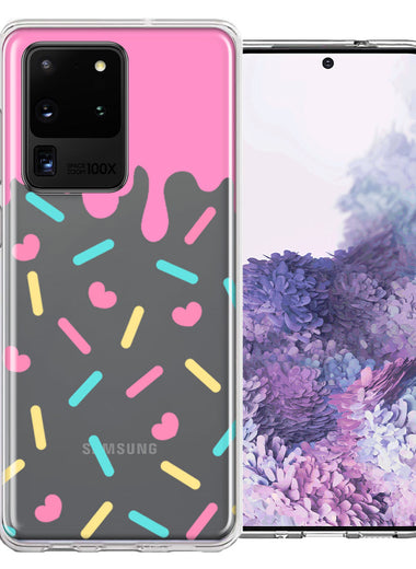 Samsung Galaxy S20 Ultra Pink Drip Frosting Cute Heart Sprinkles Kawaii Cake Design Double Layer Phone Case Cover