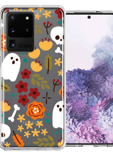 Samsung Galaxy S20 Ultra Spooky Season Fall Autumn Flowers Ghosts Skulls Halloween Double Layer Phone Case Cover