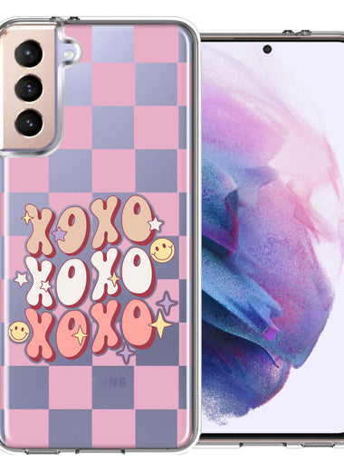 Samsung Galaxy S21 Retro Pink Checkered XOXO Vintage 70s Style Hippie Valentine Love Double Layer Phone Case Cover