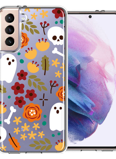 Samsung Galaxy S22 Spooky Season Fall Autumn Flowers Ghosts Skulls Halloween Double Layer Phone Case Cover