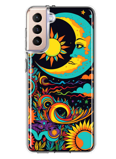 Samsung Galaxy S21 Neon Rainbow Psychedelic Indie Hippie Indie Moon Hybrid Protective Phone Case Cover