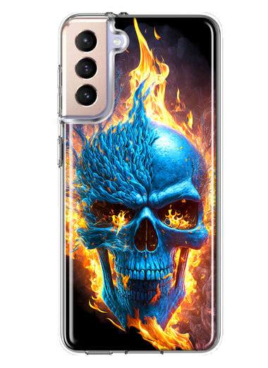 Samsung Galaxy S21 Blue Flaming Skull Burning Fire Double Layer Phone Case Cover
