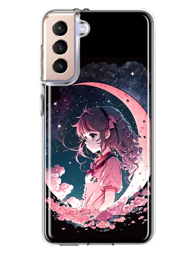Samsung Galaxy S22 Plus Kawaii Manga Pink Cherry Blossom Dreaming Moon Girl Hybrid Protective Phone Case Cover