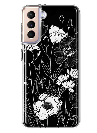 Samsung Galaxy S21FE Line Drawing Art White Floral Flowers Hybrid Protective Phone Case Cover