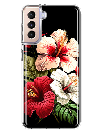 Samsung Galaxy S21 Pink Red Hibiscus Wild Flowers Floral Hybrid Protective Phone Case Cover
