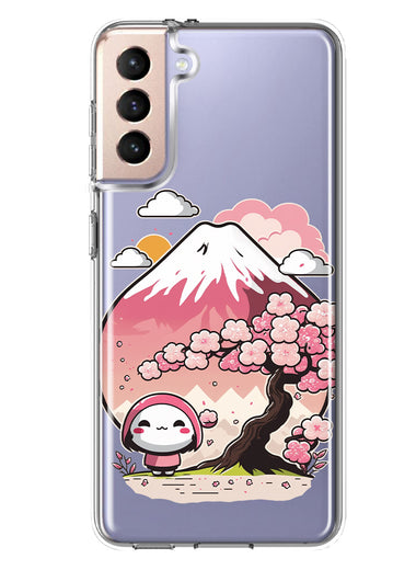 Samsung Galaxy S21 Plus Kawaii Manga Pink Cherry Blossom Fuji Mountain Mochi Girl Hybrid Protective Phone Case Cover