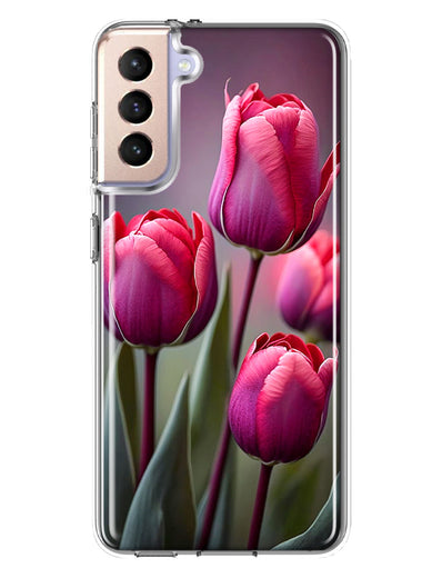 Samsung Galaxy S21 Plus Pink Tulip Flowers Floral Hybrid Protective Phone Case Cover
