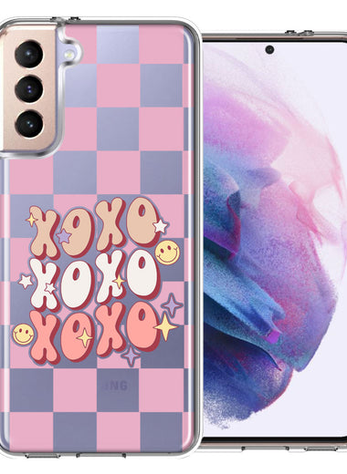 Samsung Galaxy S21 Plus Retro Pink Checkered XOXO Vintage 70s Style Hippie Valentine Love Double Layer Phone Case Cover