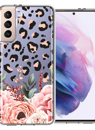 For Samsung Galaxy S21 Classy Blush Peach Peony Rose Flowers Leopard Phone Case Cover