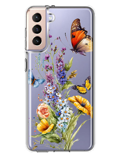 Samsung Galaxy S22 Plus Yellow Purple Spring Flowers Butterflies Floral Hybrid Protective Phone Case Cover