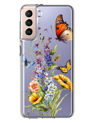 Samsung Galaxy S21 Plus Yellow Purple Spring Flowers Butterflies Floral Hybrid Protective Phone Case Cover