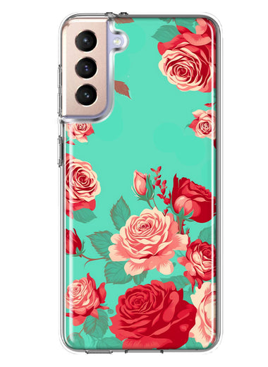 Samsung Galaxy S22 Turquoise Teal Vintage Pastel Pink Red Roses Double Layer Phone Case Cover