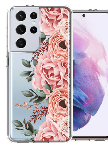 For Samsung Galaxy S21 Ultra Blush Pink Peach Spring Flowers Peony Rose Phone Case Cover