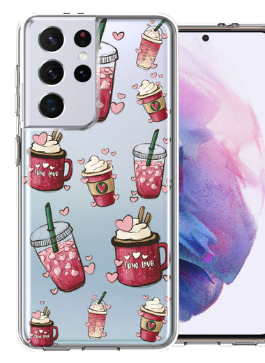 Samsung Galaxy S21 Ultra Coffee Lover Valentine's Hearts Pink Drink Latte Double Layer Phone Case Cover