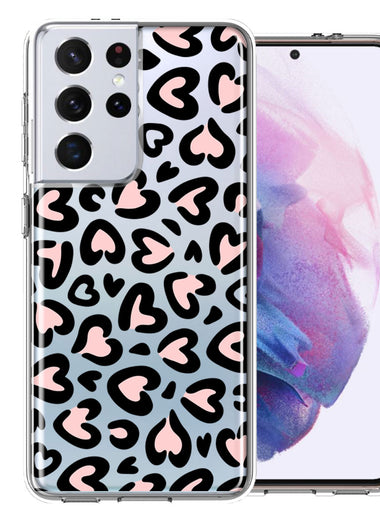Samsung Galaxy S21 Ultra Cute Pink Leopard Print Hearts Valentines Day Love Double Layer Phone Case Cover
