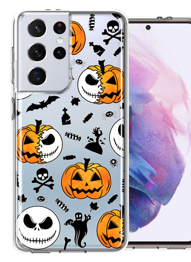 Samsung Galaxy S21 Ultra Halloween Jack-O-Lantern Pumpkin Skull Spooky Design Double Layer Phone Case Cover