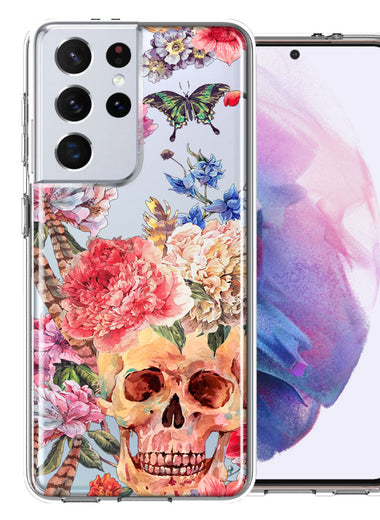 For Samsung Galaxy S21 Ultra Indie Spring Peace Skull Feathers Floral Butterfly Flowers Phone Case Cover