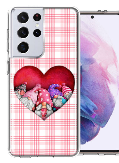 Samsung Galaxy S21 Ultra Valentine's Day Garden Gnomes Heart Love Pink Plaid Double Layer Phone Case Cover