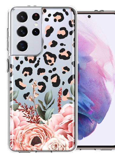 For Samsung Galaxy S21 Ultra Classy Blush Peach Peony Rose Flowers Leopard Phone Case Cover