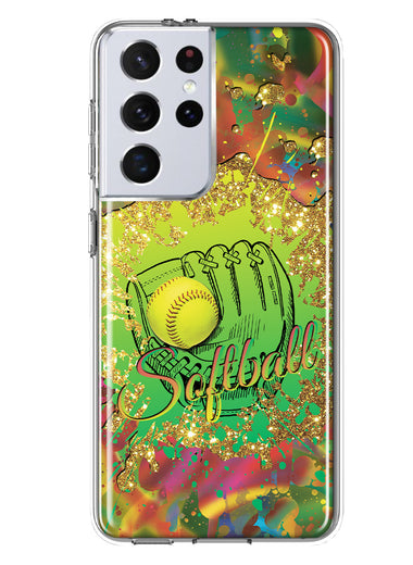 Samsung Galaxy S21 Ultra Love Softball Girls Glove Green Tie Dye Swirl Paint Hybrid Protective Phone Case Cover