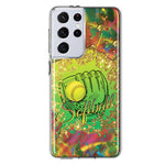 Samsung Galaxy S21 Ultra Love Softball Girls Glove Green Tie Dye Swirl Paint Hybrid Protective Phone Case Cover